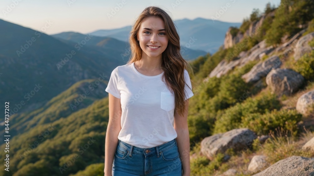 Naklejka premium Young woman wearing white t-shirt and blue jeans standing on a mountain