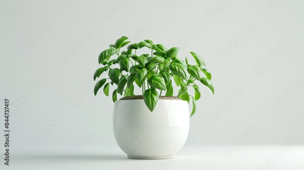 Fototapeta premium 3D illustration of a basil herb plant in a simple ceramic pot on a white background