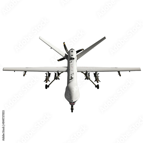 MQ-9 Reaper drone isolated on transparent png background. A white military aircraft with a large propeller sits on a white background