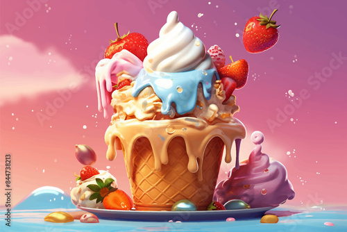 Colorful yummy ice cream with cartoon topping illustration