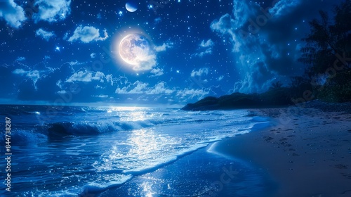 Serene nighttime beach scene with a full moon and twinkling stars in the sky