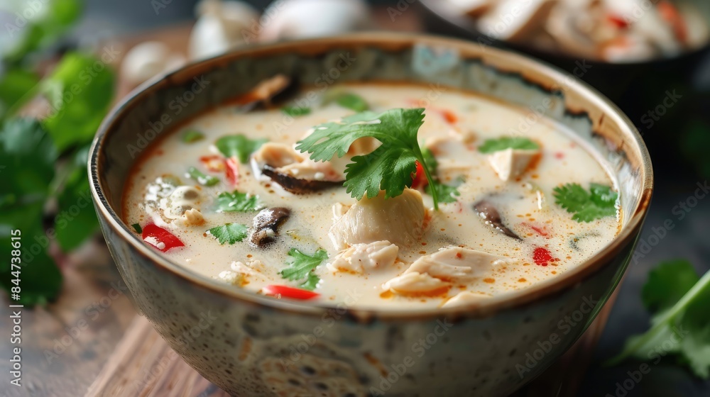 Authentic Thai chicken coconut soup (Tom Kha Gai) in a bowl