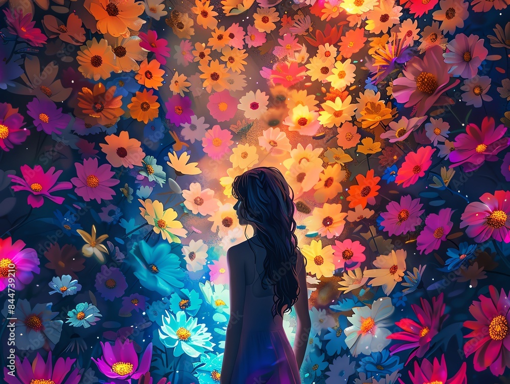Girl surrounded by vibrant flowers, neon colors, dreamy and cheerful Girl surrounded by vibrant flowers, neon colors, dreamy and cheerful