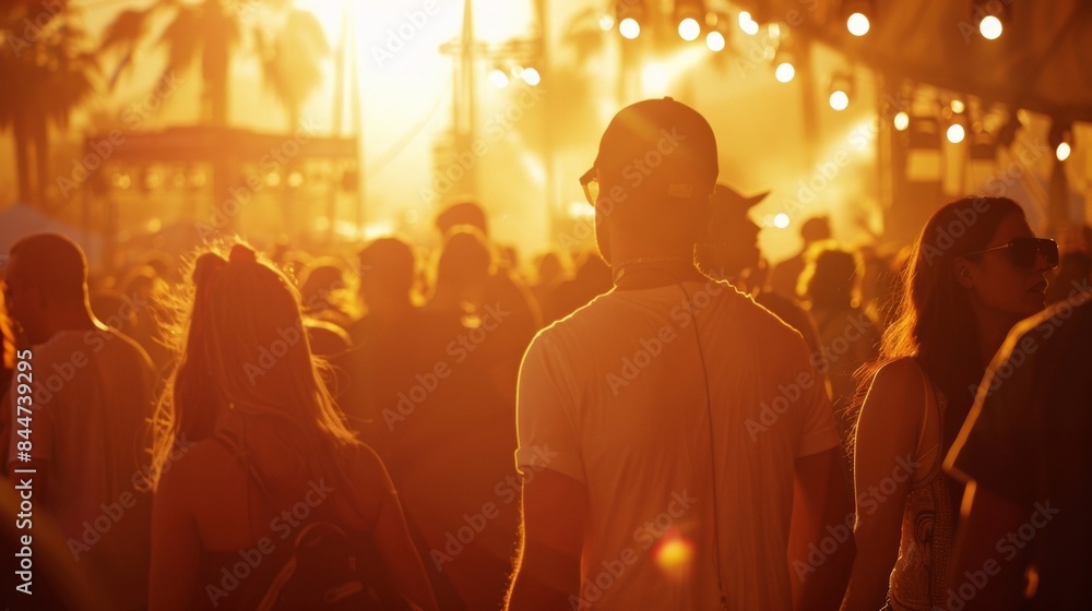 The bustling atmosphere of Coachella Cool swirls in a hazy blur behind the sleek tent interior where artists and fans unite in a symphony of sound and movement. The defocused backdrop . The bustling atmosphere of Coachella Cool swirls in a hazy blur behind the sleek tent interior where artists and fans unite in a symphony of sound and movement. The defocused backdrop .