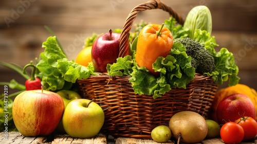 Abundant Harvest  Close-up of Colorful Fresh Fruits and Vegetables in Rustic Basket on Wooden Table