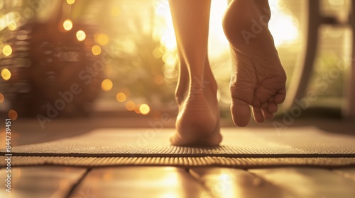 Serene Close-Up of Person's Feet in Yoga Pose on Mat with Softly Blurred Background - High Detail and Calming Tones for Relaxation