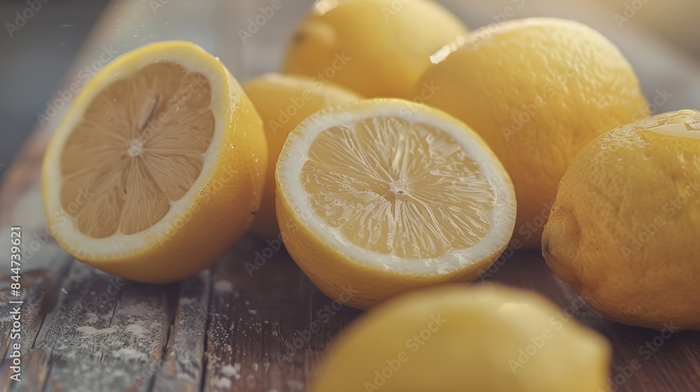 Vibrant Fresh Lemons Close-Up on Wooden Table with Softly Blurred Background Vibrant Fresh Lemons Close-Up on Wooden Table with Softly Blurred Background