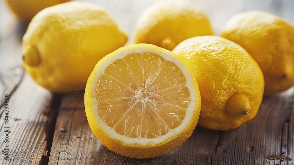 Vibrant Close-up of Fresh Lemons on Wooden Table with Softly Blurred Background Vibrant Close-up of Fresh Lemons on Wooden Table with Softly Blurred Background