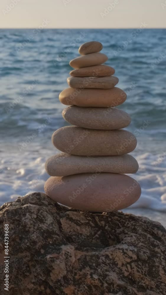 Concept of balance and harmony. Stack of stones pebbles cairn on the beach coast of the sea in the nature on sunset. Meditative art of stone stacking Concept of balance and harmony. Stack of stones pebbles cairn on the beach coast of the sea in the nature on sunset. Meditative art of stone stacking