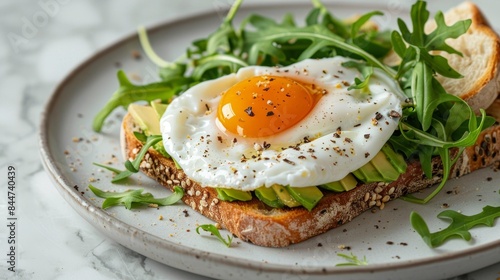 Elegant brunch with avocado toast and poached eggs, ideal for café menus and food photography