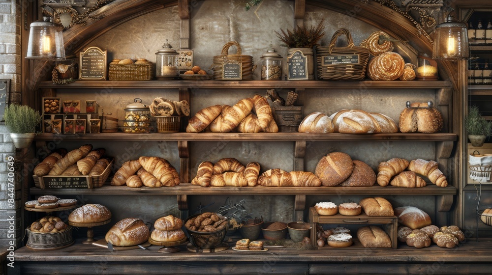 Variety of artisanal breads in a rustic bakery, ideal for bakery menus and food photography Variety of artisanal breads in a rustic bakery, ideal for bakery menus and food photography