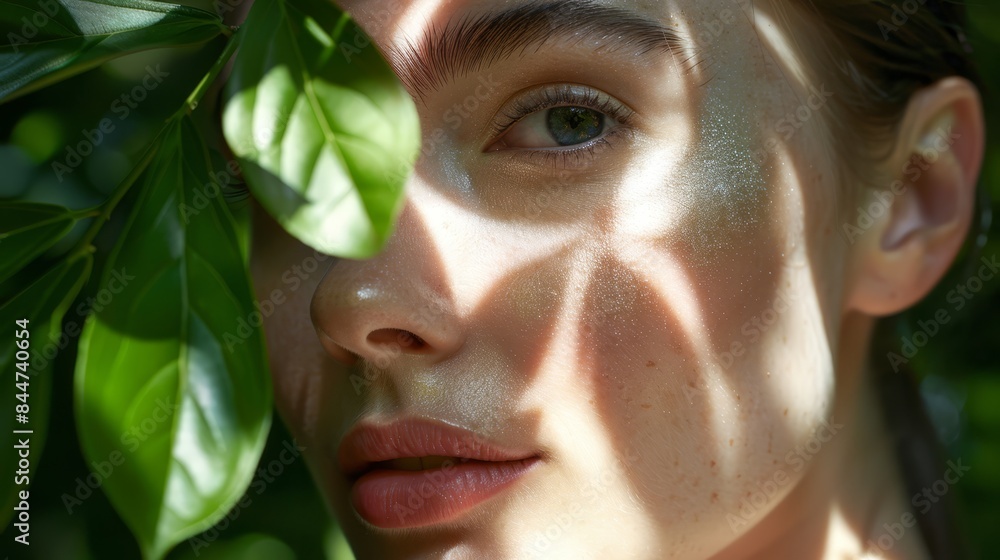 A woman's face with a green leaf atop her head casts a shadow of leaves upon it A woman's face with a green leaf atop her head casts a shadow of leaves upon it