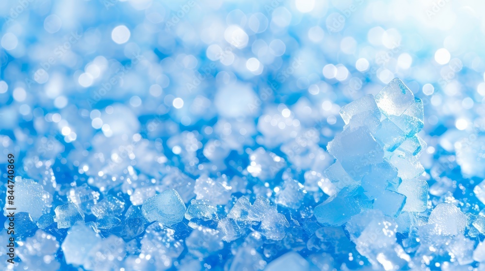 A pile of ice cubes on a blue countertop Nearby, another pile rests on a separate counter A pile of ice cubes on a blue countertop Nearby, another pile rests on a separate counter