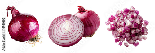 Red onion in various stages of preparation: whole with roots, sliced in half, and diced into small pieces. photo