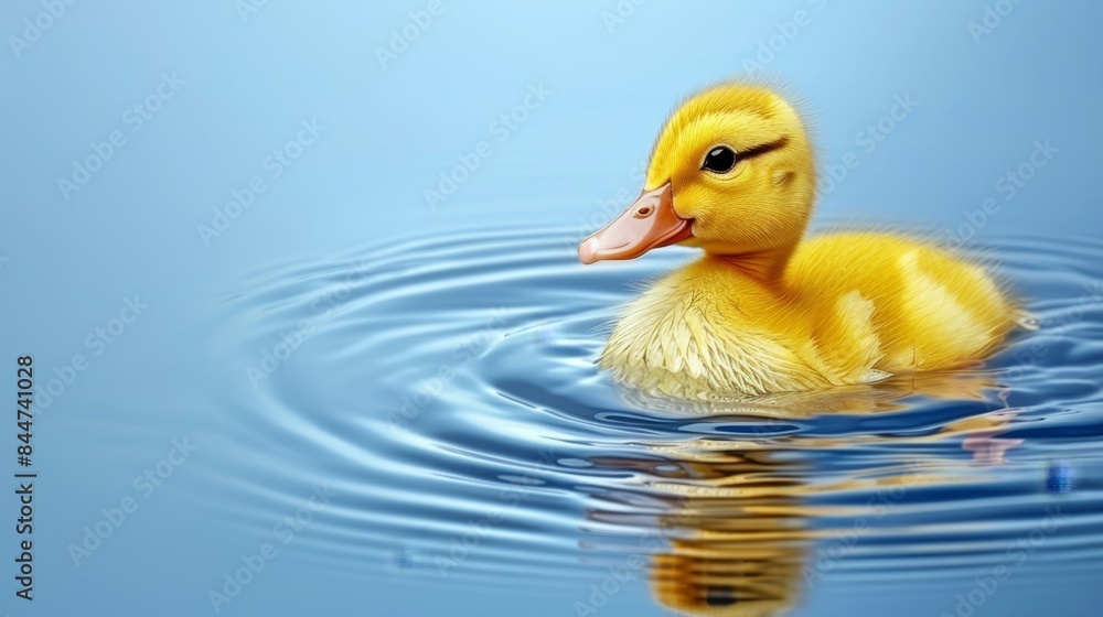 A tight shot of a duckling in a body of water, surrounded by a blue sky in the background The water mirrors the duckling's form precisely on its surface A tight shot of a duckling in a body of water, surrounded by a blue sky in the background The water mirrors the duckling's form precisely on its surface