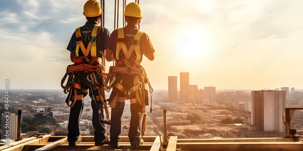 Construction workers properly equipped with safety harnesses for rope ...