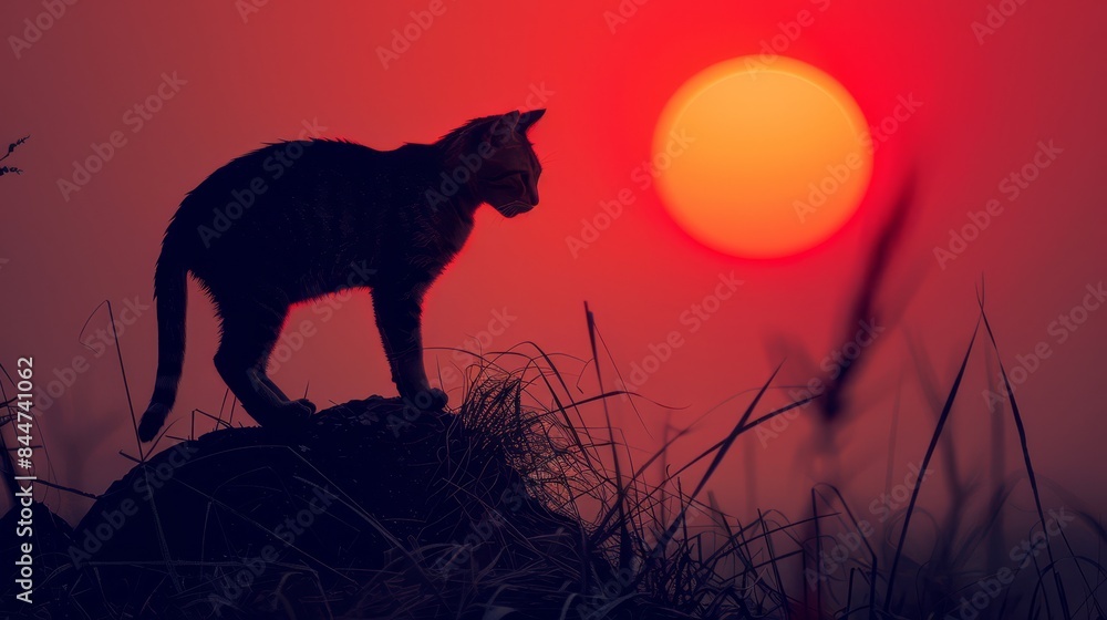 A cat atop a hill as the sun sets, background A cat atop a hill as the sun sets, background