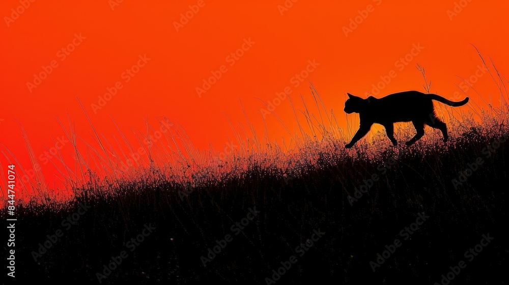 A cat silhouetted against a grassy field, background featuring a red sky Another cat silhouette walks across tall grass A cat silhouetted against a grassy field, background featuring a red sky Another cat silhouette walks across tall grass