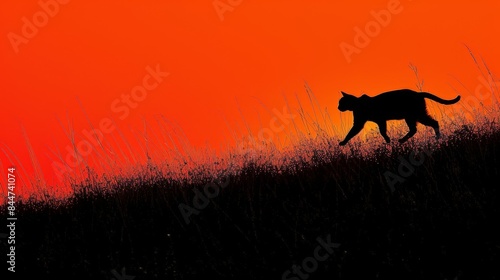  A cat silhouetted against a grassy field, background featuring a red sky Another cat silhouette walks across tall grass © Jevjenijs