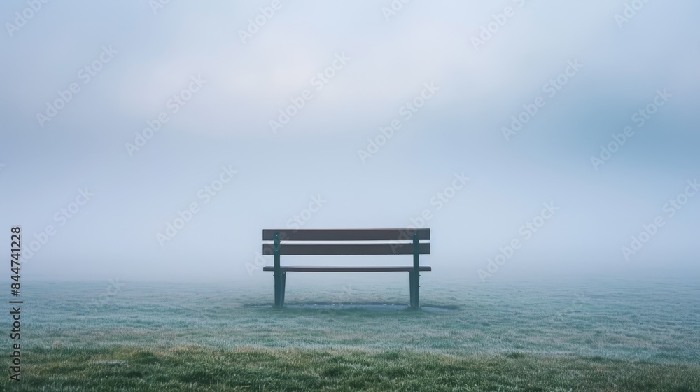A wooden bench sits in the midst of a field on a foggy day Surrounded by grass, it features a blue sky as its backdrop A wooden bench sits in the midst of a field on a foggy day Surrounded by grass, it features a blue sky as its backdrop