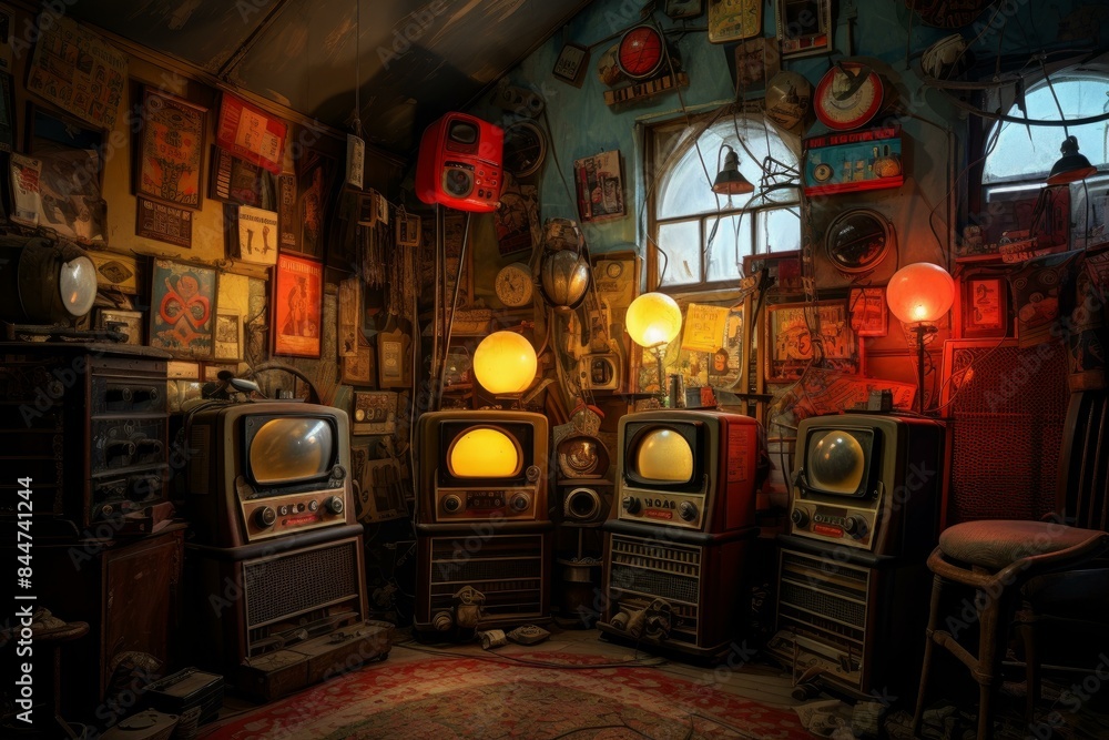 Obraz premium Eclectic array of vintage televisions and radios in a warmly lit, nostalgic attic space