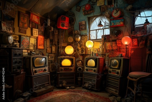 Eclectic array of vintage televisions and radios in a warmly lit, nostalgic attic space