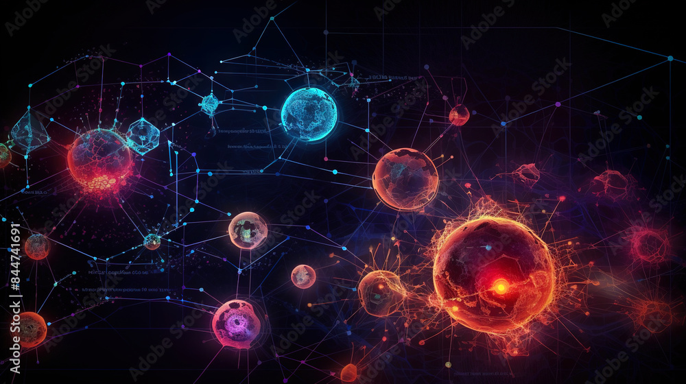 Fototapeta premium Abstract scientific concept with connected cells and particles. Science microscopic background.