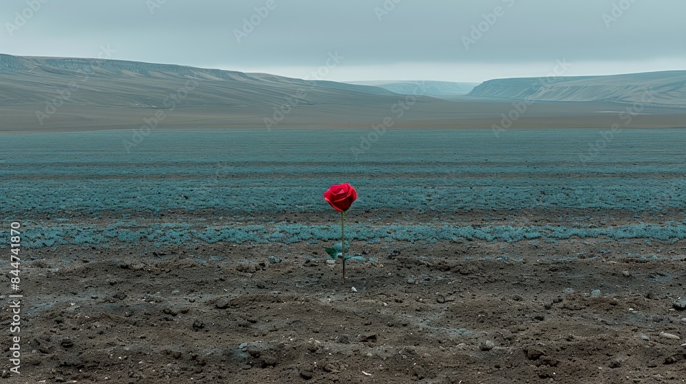A solitary red rose stands in the middle of a barren field In the distance, blue mountains loom A clear blue sky stretches out in the foreground A solitary red rose stands in the middle of a barren field In the distance, blue mountains loom A clear blue sky stretches out in the foreground