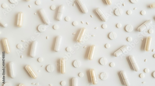 Top view of white background with pills and capsules Providing space for text photo