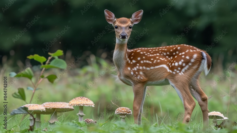 A young fawn in a field of grass, surrounded by mushrooms in the foreground, and trees in the background Rain falls onto the grass and mushrooms A young fawn in a field of grass, surrounded by mushrooms in the foreground, and trees in the background Rain falls onto the grass and mushrooms
