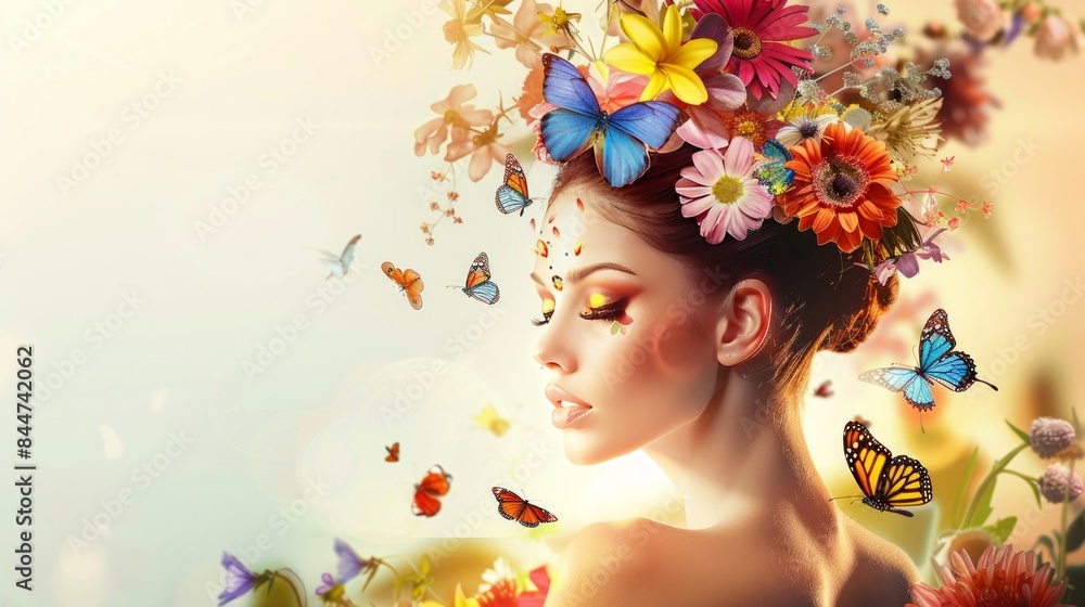 In a dreamy, ethereal scene, a woman adorned with flowers and butterflies exudes grace and elegance In a dreamy, ethereal scene, a woman adorned with flowers and butterflies exudes grace and elegance