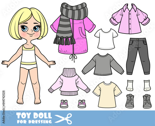 Cartoon blond girl with short bob and clothes separately - coat with scarf,shirts, long sleeve, sandals, jeans and sneakers