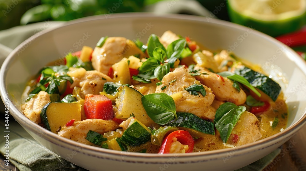 Spicy Thai green curry with chicken and vegetables in a bowl Spicy Thai green curry with chicken and vegetables in a bowl