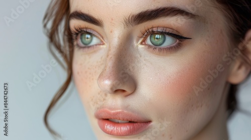  A tight shot of a woman's face adorned with freckles around her eyes, cheeks, and smattering her eyelids