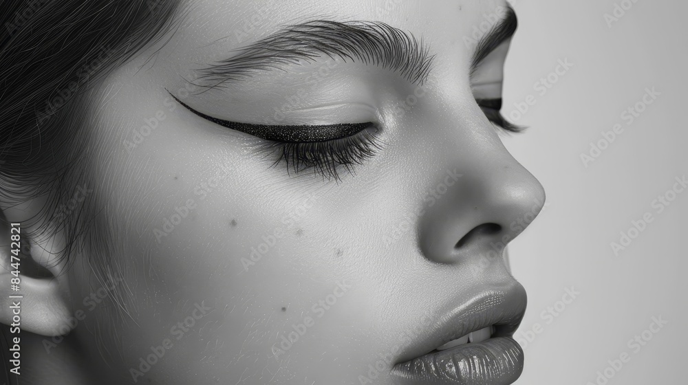 A black and white image of a woman's face with eyes closed and hair blowing in the wind A black and white image of a woman's face with eyes closed and hair blowing in the wind