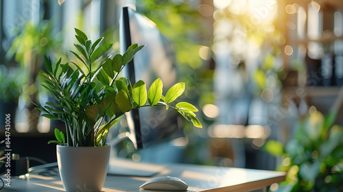 plant in a vase on the table. modern eco friendly office interior decorated with plants, environment friendly office interior architecture, tables chairs plants,