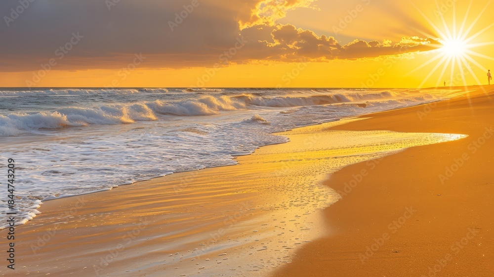 The sun sets over the ocean; waves crash on the shore, a person stands gazing at the horizon The sun sets over the ocean; waves crash on the shore, a person stands gazing at the horizon