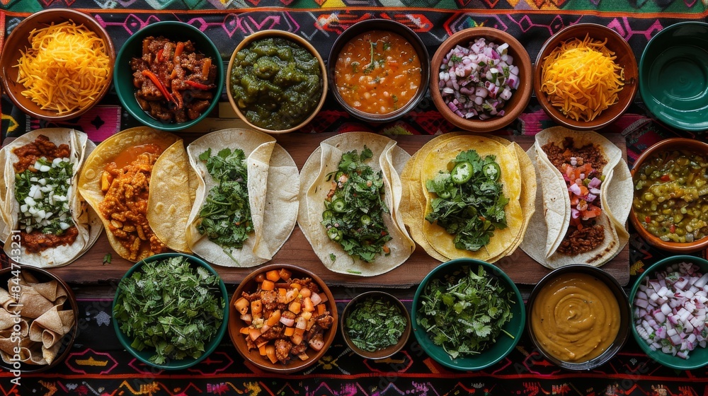 Gourmet taco spread with toppings, great for promoting Mexican cuisine and food photography Gourmet taco spread with toppings, great for promoting Mexican cuisine and food photography