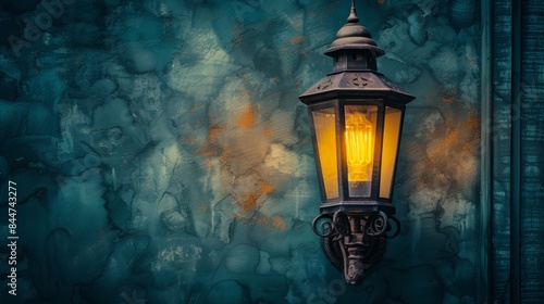  A tight shot of a yellow light casting a warm glow on a blue-green textured wall The light is attached to the wall, with an additional blue-tinted bulb suspended from photo
