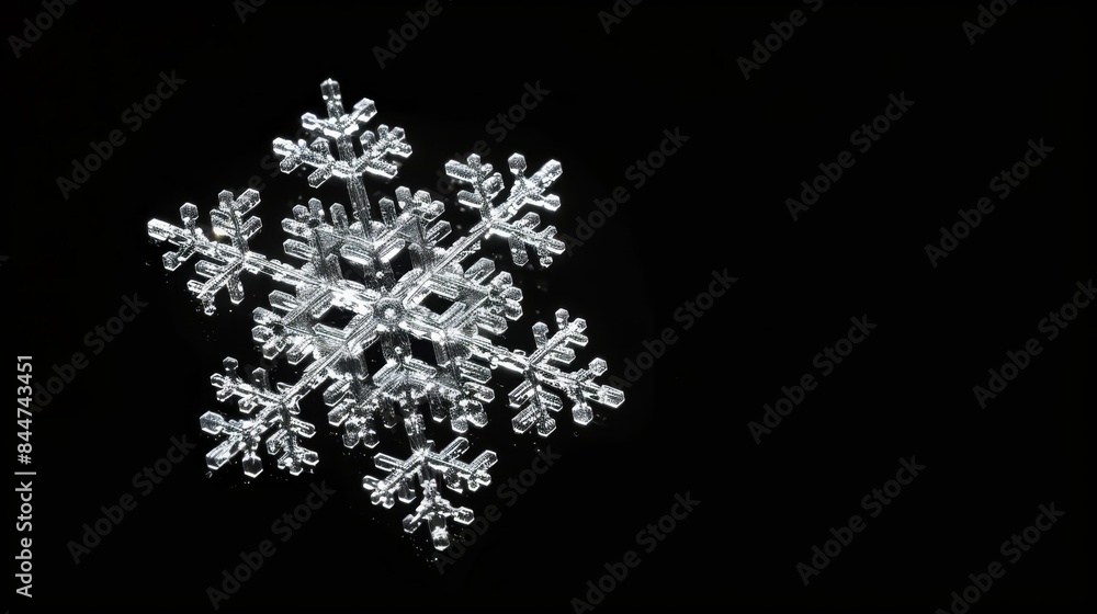 A tight shot of a solitary snowflake against a black backdrop, its crystal structure distinct in the image's center A tight shot of a solitary snowflake against a black backdrop, its crystal structure distinct in the image's center