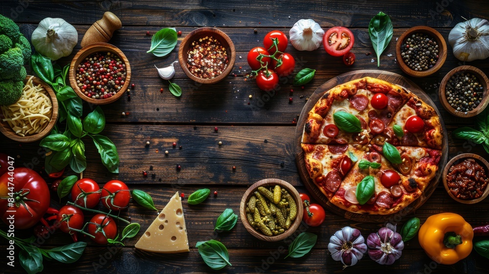 Top-down view of rustic pizza with various toppings, perfect for pizza promotions and food photography Top-down view of rustic pizza with various toppings, perfect for pizza promotions and food photography
