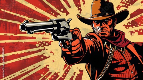 Bold Pop Art Cowboy Brandishing Revolver with Dynamic Comic Book Effect