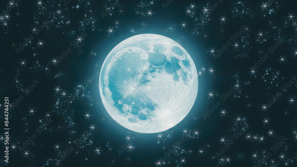Fototapeta premium a full light blue moon in the night sky lots of shiny silver stars
