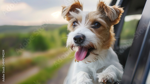 Joyful jack russell terrier dog is sticking its head out of a car window, savoring a countryside adventure during a road trip © Frank Gärtner