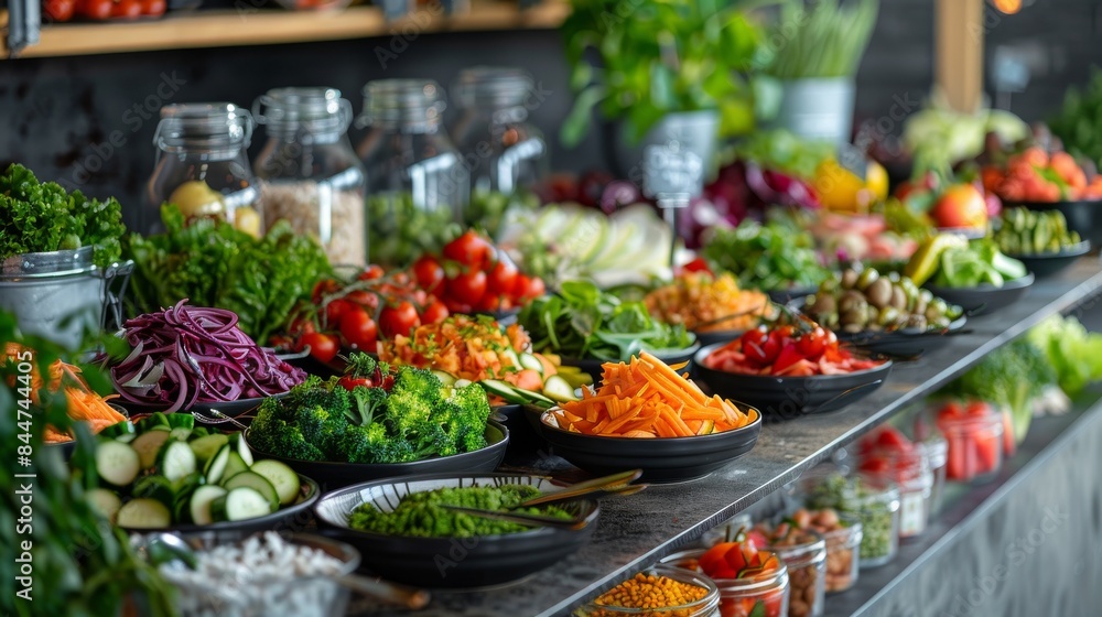 Array of fresh vegetables at vibrant salad bar, perfect for health food blogs and culinary promotions Array of fresh vegetables at vibrant salad bar, perfect for health food blogs and culinary promotions