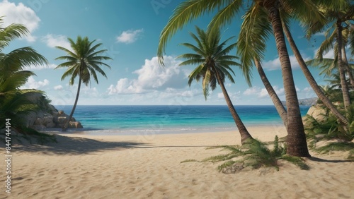Sandy tropical beach with palm trees swaying gently. Generative Ai