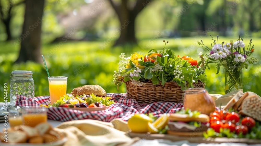 Vibrant spring picnic with a spread of fresh salads and fruits, ideal for outdoor dining promotions and food photography Vibrant spring picnic with a spread of fresh salads and fruits, ideal for outdoor dining promotions and food photography