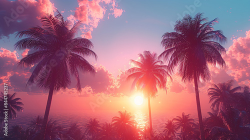 Coconut palm trees silhouetted against a sunset