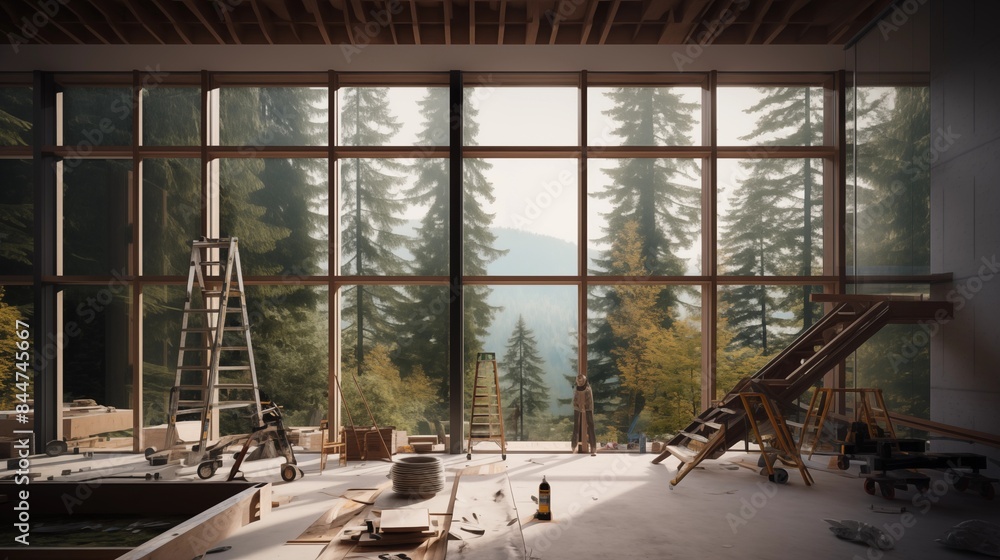 A series of large windows being installed strategically p to maximize natural light and reduce the need for artificial lighting. A series of large windows being installed strategically p to maximize natural light and reduce the need for artificial lighting.