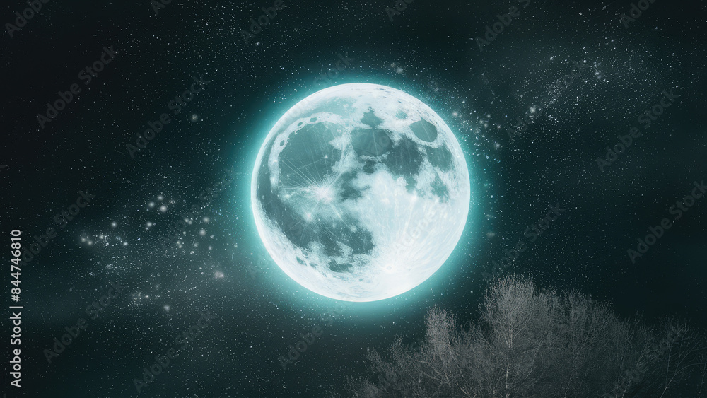 Fototapeta premium a full light blue moon in the night sky lots of shiny silver stars